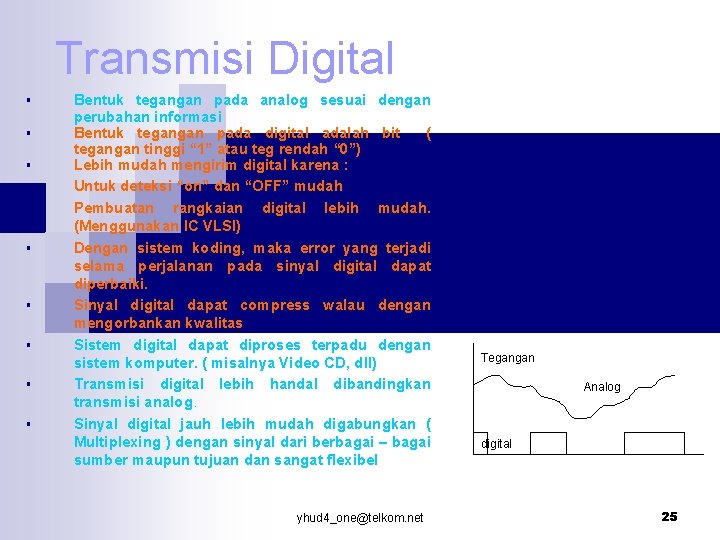 Transmisi Digital § § § § § Bentuk tegangan pada analog sesuai dengan perubahan