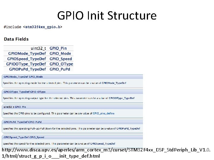 GPIO Init Structure http: //www. disca. upv. es/aperles/arm_cortex_m 3/curset/STM 32 F 4 xx_DSP_Std. Periph_Lib_V