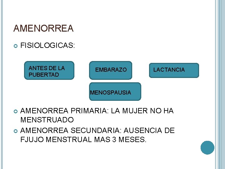 AMENORREA FISIOLOGICAS: ANTES DE LA PUBERTAD EMBARAZO LACTANCIA MENOSPAUSIA AMENORREA PRIMARIA: LA MUJER NO