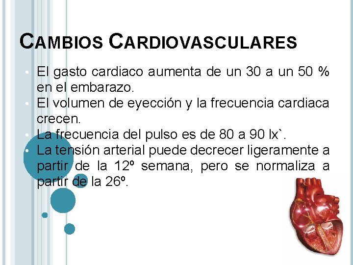 CAMBIOS CARDIOVASCULARES El gasto cardiaco aumenta de un 30 a un 50 % en