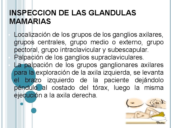 INSPECCION DE LAS GLANDULAS MAMARIAS Localización de los grupos de los ganglios axilares, grupos