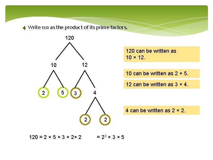 4 Write 120 as the product of its prime factors. 120 can be written