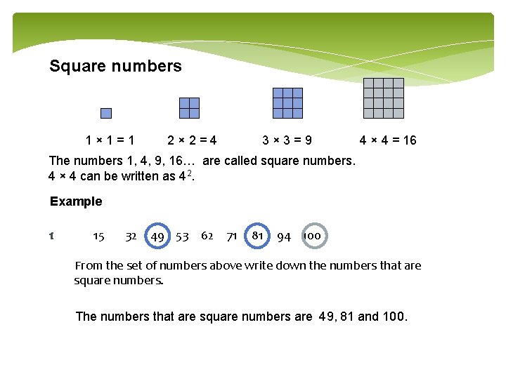 Square numbers 1× 1=1 2× 2=4 3× 3=9 4 × 4 = 16 The
