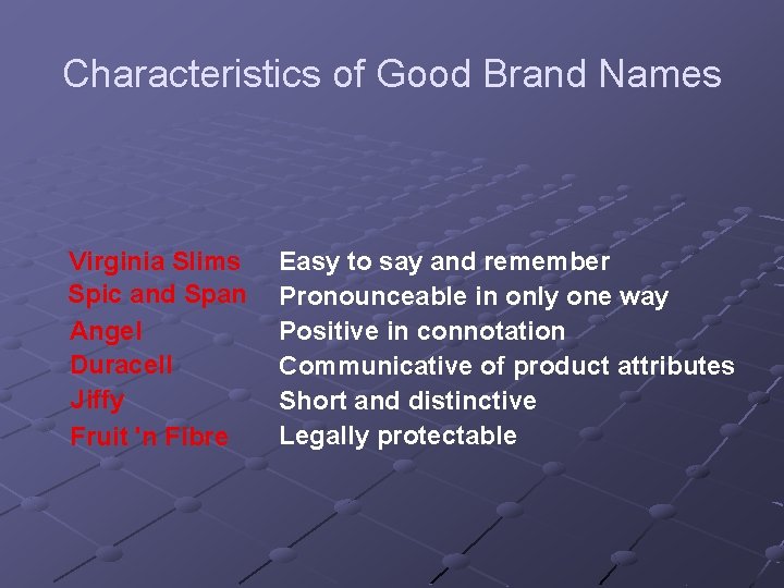 Characteristics of Good Brand Names Virginia Slims Spic and Span Angel Duracell Jiffy Fruit