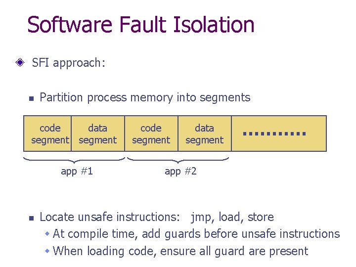 Software Fault Isolation SFI approach: n Partition process memory into segments code segment data