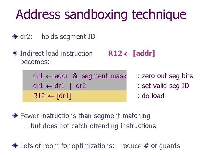 Address sandboxing technique dr 2: holds segment ID Indirect load instruction becomes: R 12