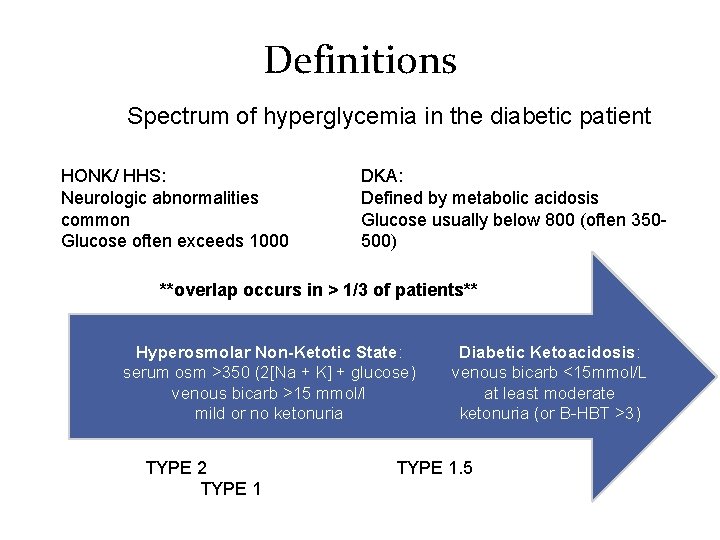 Definitions Spectrum of hyperglycemia in the diabetic patient HONK/ HHS: Neurologic abnormalities common Glucose