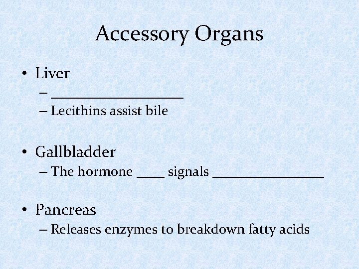 Accessory Organs • Liver – __________ – Lecithins assist bile • Gallbladder – The