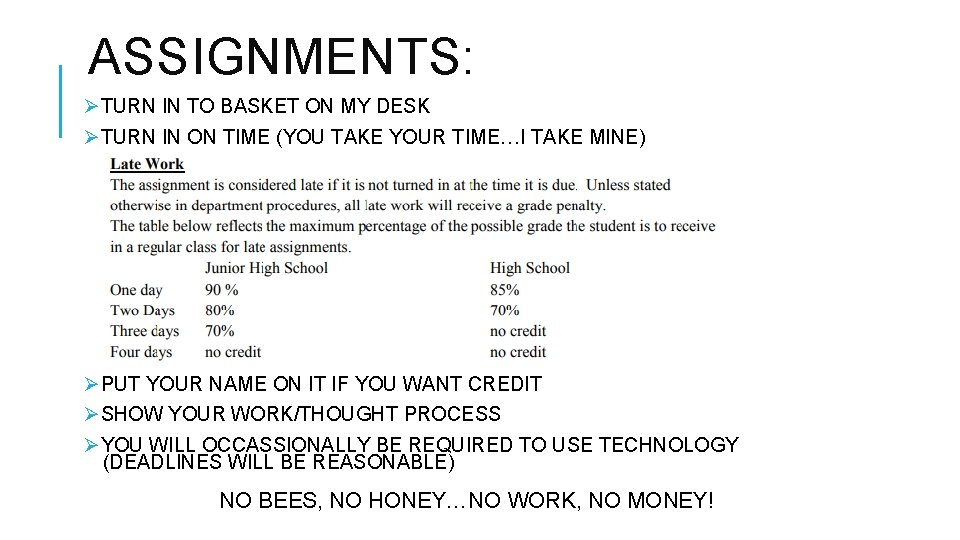 ASSIGNMENTS: ØTURN IN TO BASKET ON MY DESK ØTURN IN ON TIME (YOU TAKE