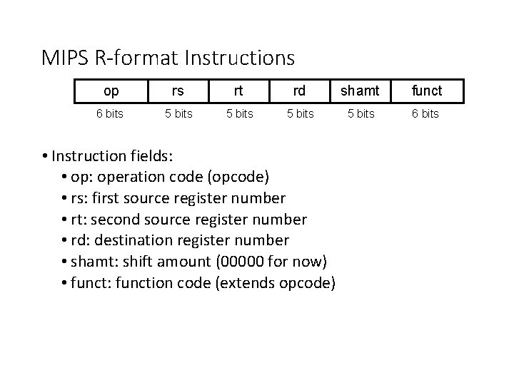 MIPS R-format Instructions op rs rt rd shamt funct 6 bits 5 bits 6 MIPS R-format Instructions op rs rt rd shamt funct 6 bits 5 bits 6