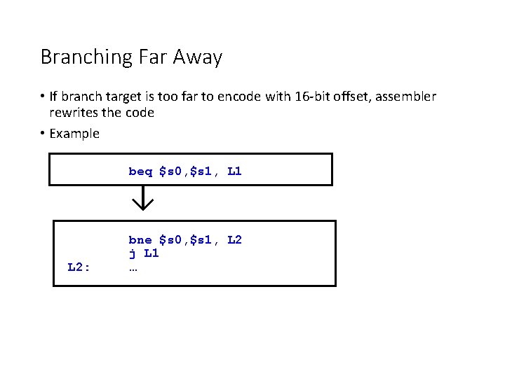 Branching Far Away • If branch target is too far to encode with 16 Branching Far Away • If branch target is too far to encode with 16