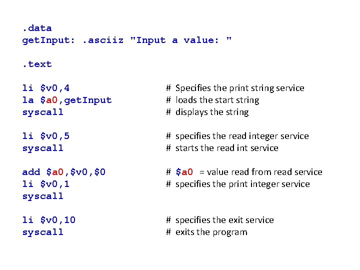 . data get. Input: . asciiz "Input a value: ". text li $v 0, . data get. Input: . asciiz "Input a value: ". text li $v 0,