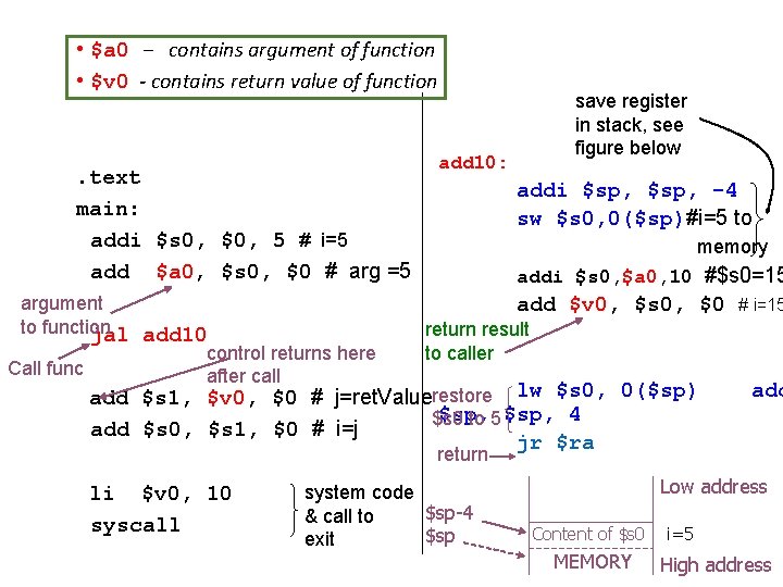 • $a 0 – contains argument of function • $v 0 - contains • $a 0 – contains argument of function • $v 0 - contains