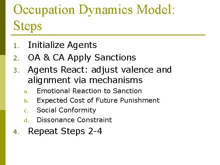 Occupation Dynamics Model: Steps 1. 2. 3. Initialize Agents OA & CA Apply Sanctions