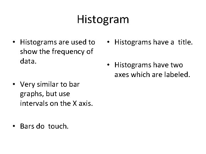 Histogram • Histograms are used to show the frequency of data. • Very similar