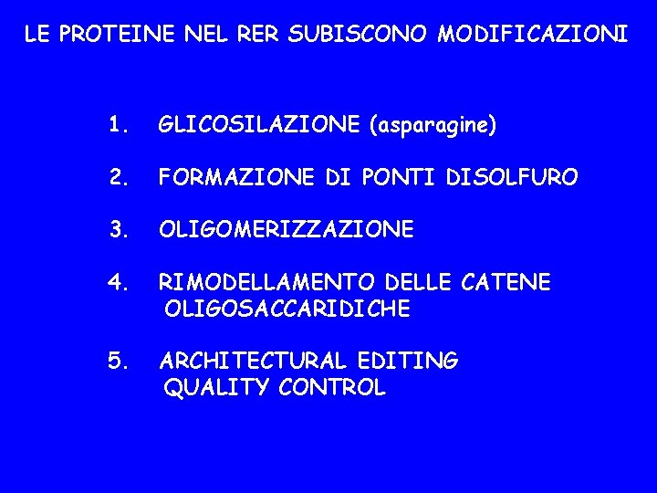 LE PROTEINE NEL RER SUBISCONO MODIFICAZIONI 1. GLICOSILAZIONE (asparagine) 2. FORMAZIONE DI PONTI DISOLFURO