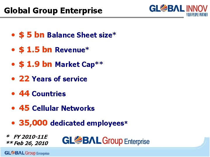 Global Group Enterprise • $ 5 bn Balance Sheet size* • $ 1. 5