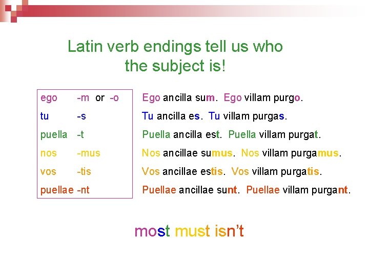 Latin verb endings tell us who the subject is! ego -m or -o Ego