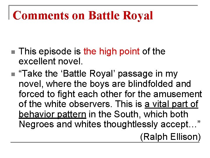 Comments on Battle Royal This episode is the high point of the excellent novel.