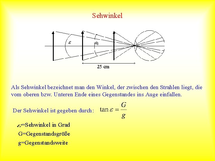Sehwinkel Als Sehwinkel bezeichnet man den Winkel, der zwischen den Strahlen liegt, die vom