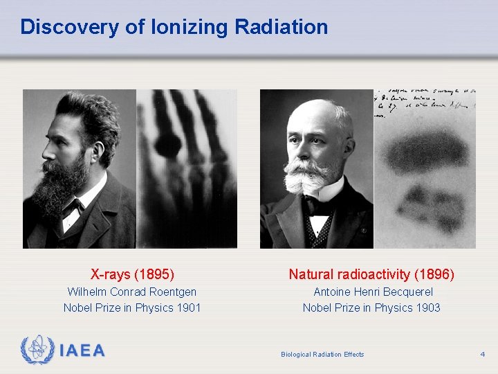 Discovery of Ionizing Radiation X-rays (1895) Natural radioactivity (1896) Wilhelm Conrad Roentgen Nobel Prize
