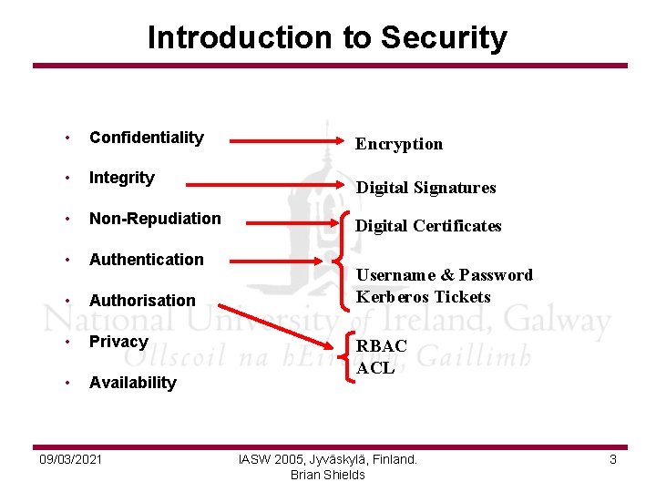 Introduction to Security • Confidentiality Encryption • Integrity Digital Signatures • Non-Repudiation Digital Certificates