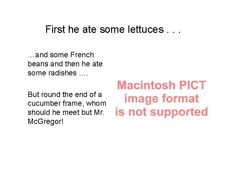 First he ate some lettuces. . . …and some French beans and then he