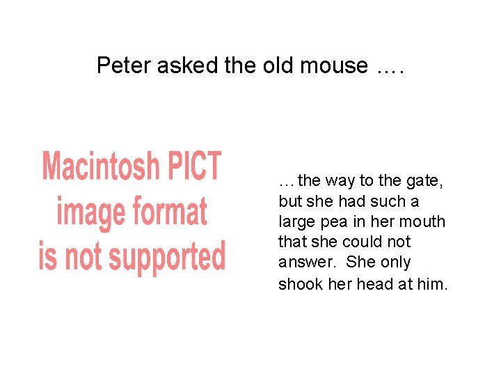 Peter asked the old mouse …. …the way to the gate, but she had