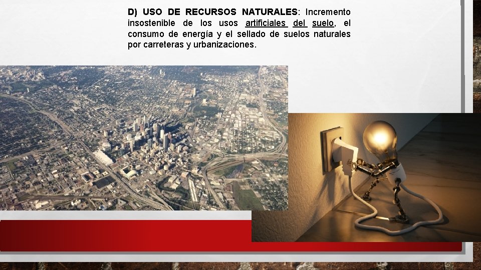 D) USO DE RECURSOS NATURALES: Incremento insostenible de los usos artificiales del suelo, el