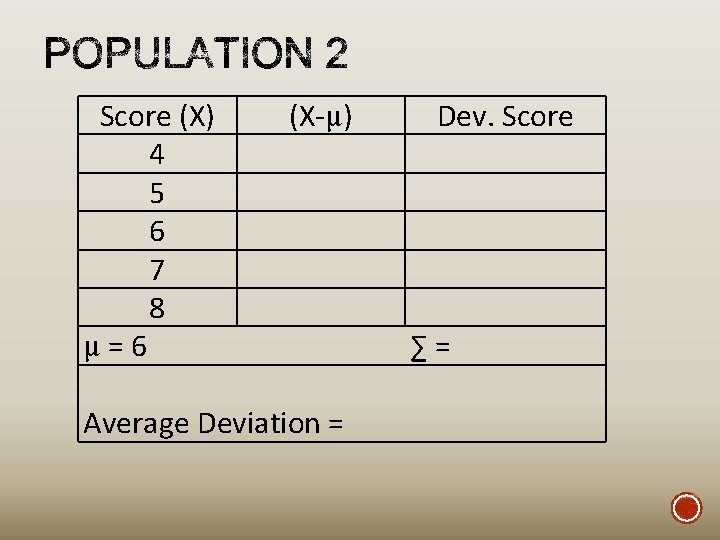 Score (X) (X-μ) 4 5 6 7 8 μ = 6 Average Deviation =