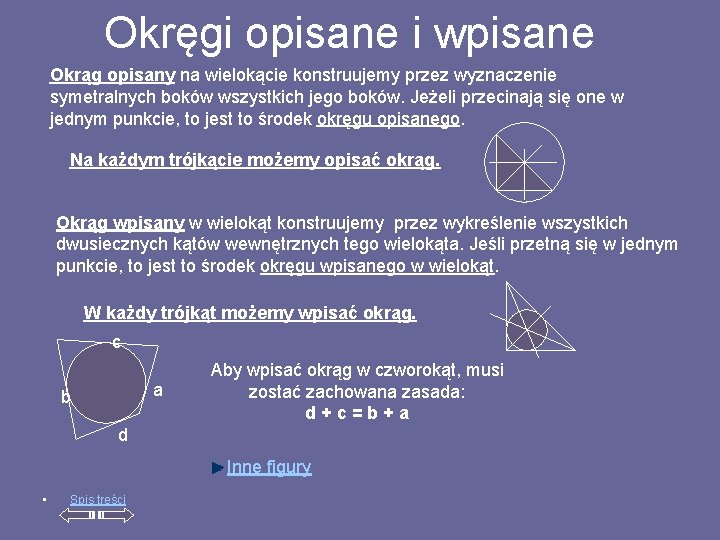 Okręgi opisane i wpisane Okrąg opisany na wielokącie konstruujemy przez wyznaczenie symetralnych boków wszystkich