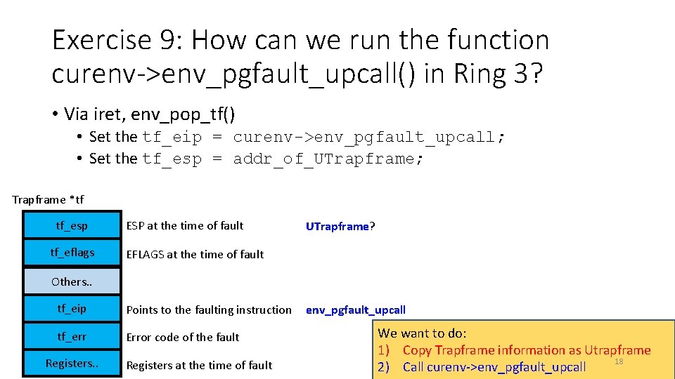 Exercise 9: How can we run the function curenv->env_pgfault_upcall() in Ring 3? • Via