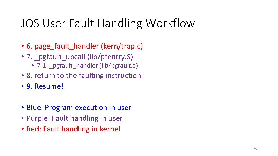 JOS User Fault Handling Workflow • 6. page_fault_handler (kern/trap. c) • 7. _pgfault_upcall (lib/pfentry.