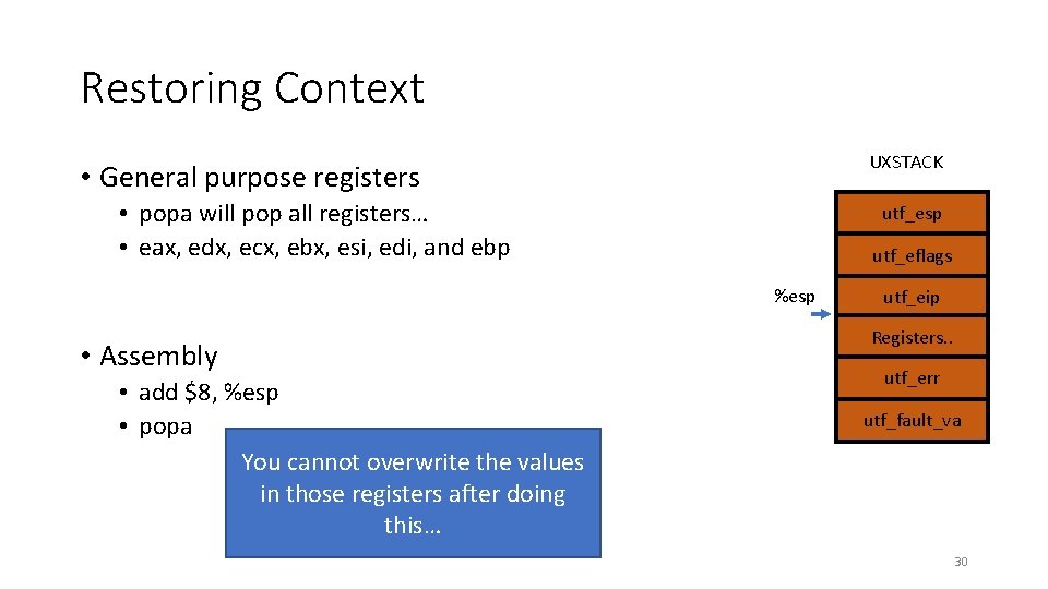 Restoring Context UXSTACK • General purpose registers • popa will pop all registers… •