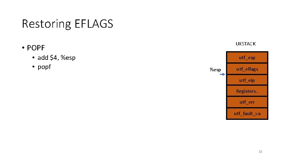 Restoring EFLAGS UXSTACK • POPF • add $4, %esp • popf utf_esp %esp utf_eflags