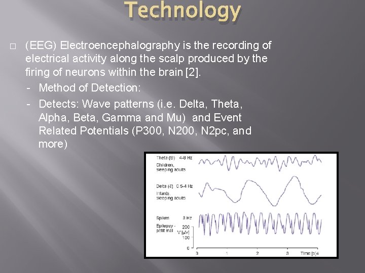 Technology � (EEG) Electroencephalography is the recording of electrical activity along the scalp produced