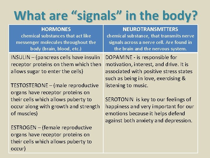 What are “signals” in the body? HORMONES chemical substances that act like messenger molecules