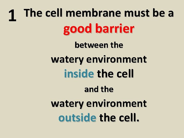 1 The cell membrane must be a good barrier between the watery environment inside