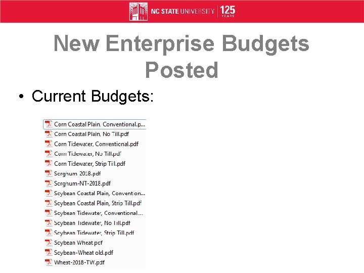 New Enterprise Budgets Posted • Current Budgets: 