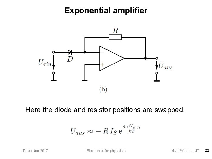 Exponential amplifier Here the diode and resistor positions are swapped. December 2017 Electronics for