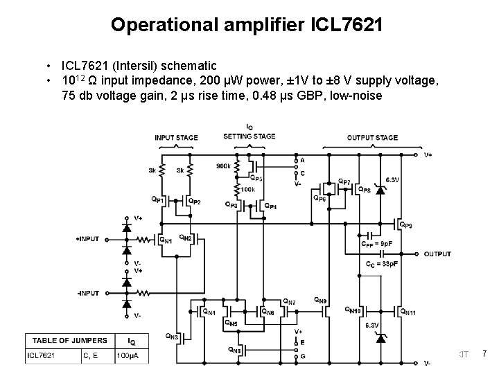 Operational amplifier ICL 7621 • ICL 7621 (Intersil) schematic • 1012 Ω input impedance,