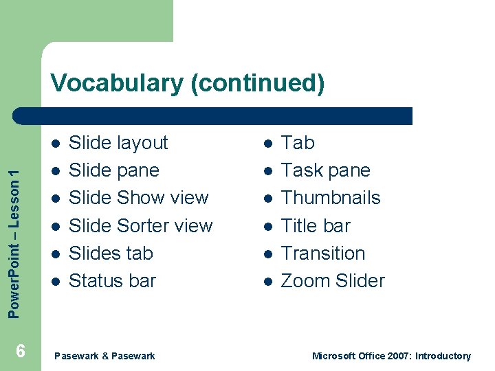 Vocabulary (continued) Power. Point – Lesson 1 l 6 l l l Slide layout
