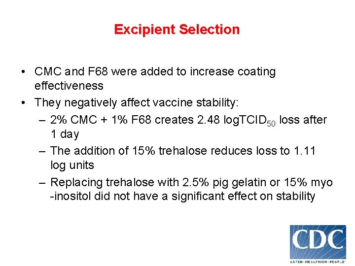 Excipient Selection • CMC and F 68 were added to increase coating effectiveness •