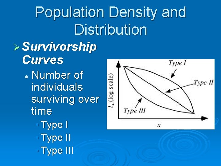 Population Density and Distribution Ø Survivorship Curves l Number of individuals surviving over time