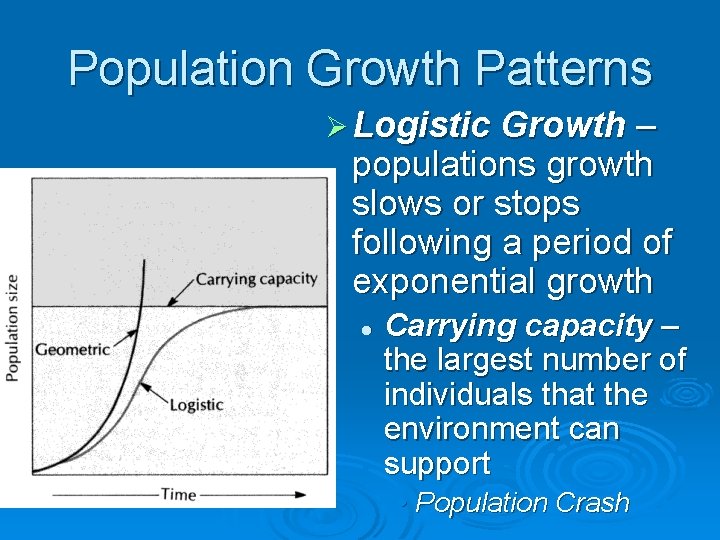 Population Growth Patterns Ø Logistic Growth – populations growth slows or stops following a