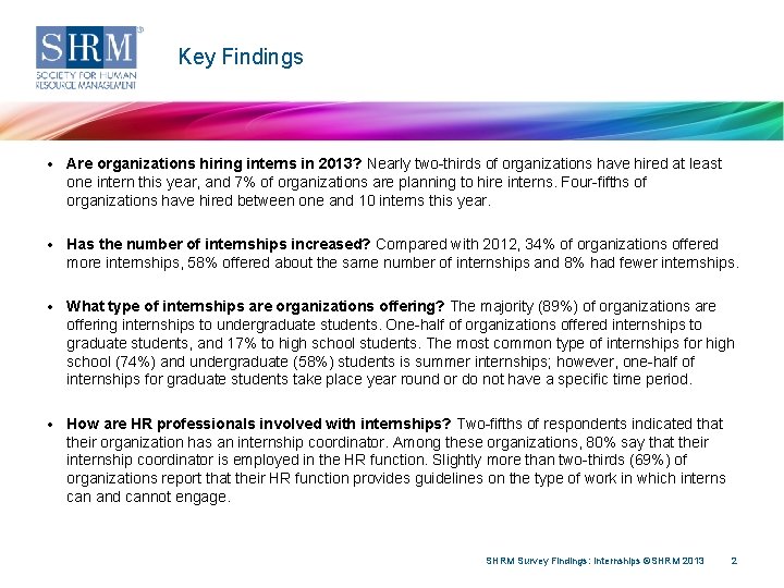 Key Findings • Are organizations hiring interns in 2013? Nearly two-thirds of organizations have