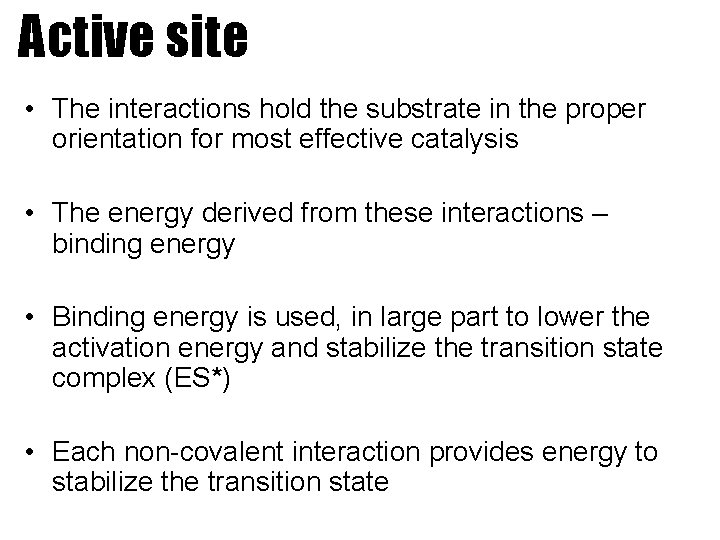 Active site • The interactions hold the substrate in the proper orientation for most