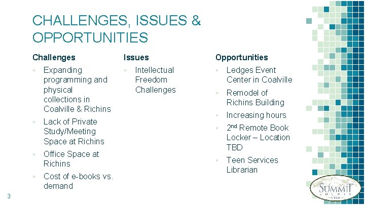 CHALLENGES, ISSUES & OPPORTUNITIES 3 Challenges Issues Opportunities ▪ ▪ ▪ Ledges Event Center