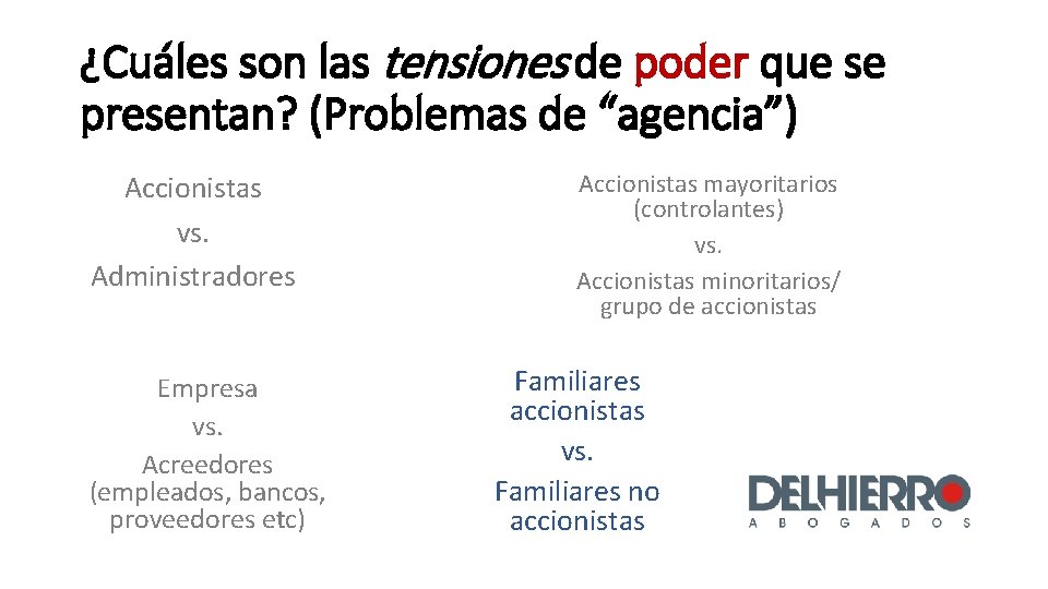 ¿Cuáles son las tensiones de poder que se presentan? (Problemas de “agencia”) Accionistas vs.