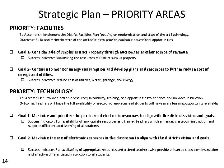 Strategic Plan – PRIORITY AREAS PRIORITY: FACILITIES To Accomplish: Implement the District Facilities Plan